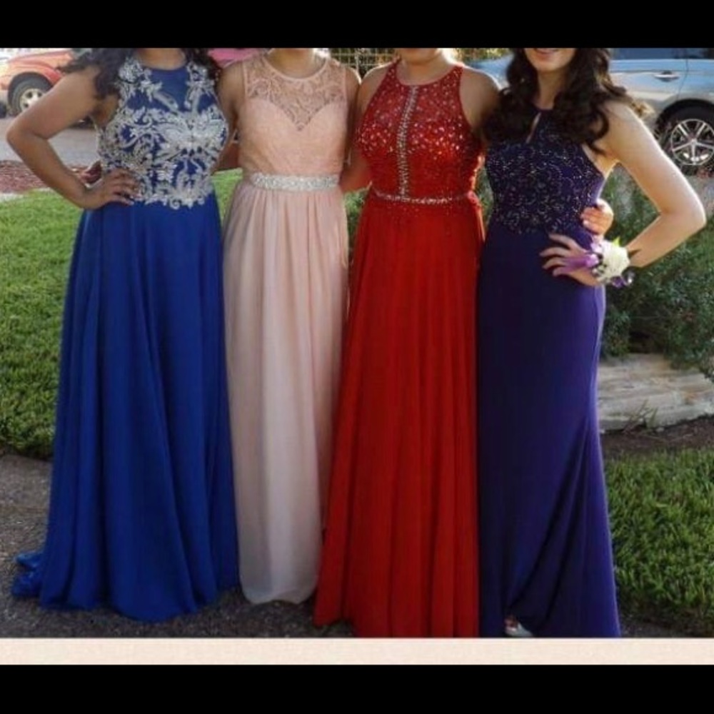 Red beaded long prom dress.